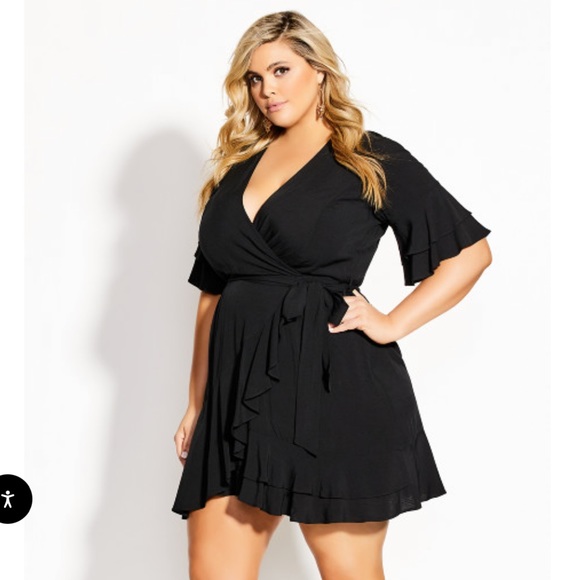 City Chic NWT Fiesta Fun Faux Wrap Ruffle Sleeve Mini Dress Black Women’s 18 - Picture 1 of 8